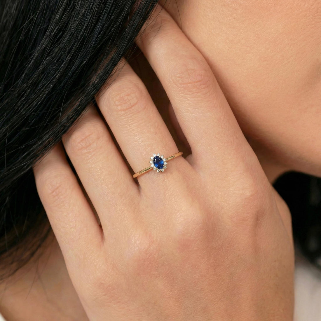 Oval Sapphire Halo Ring, 14K Solid Gold Sapphire Solitaire Ring, September Birthstone Ring, Dainty Gold Engagement Ring