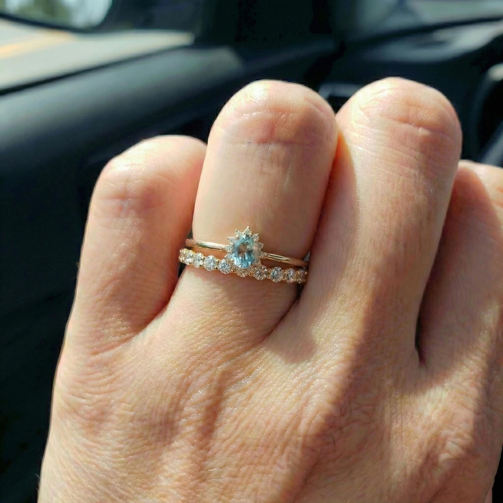 Oval Aquamarine CZ Halo Ring, 14K Solid Gold Aquamarine Solitaire Ring, March Birthstone Ring, Push Present