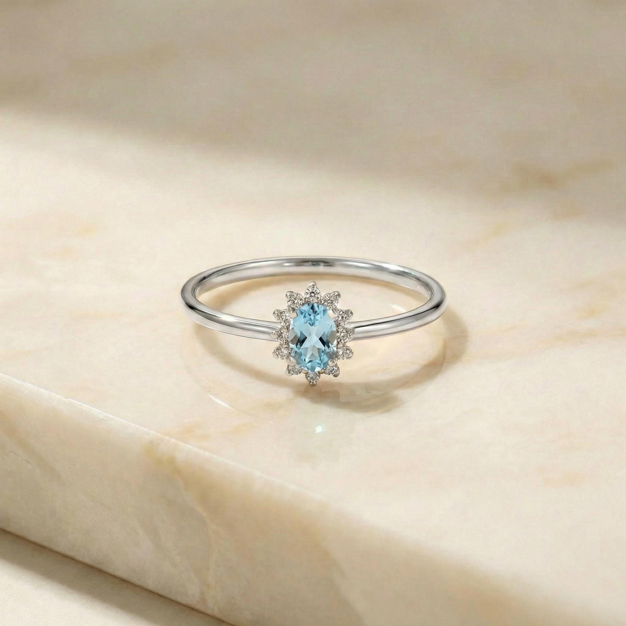 Oval Aquamarine CZ Halo Ring, 14K Solid Gold Aquamarine Solitaire Ring, March Birthstone Ring, Push Present