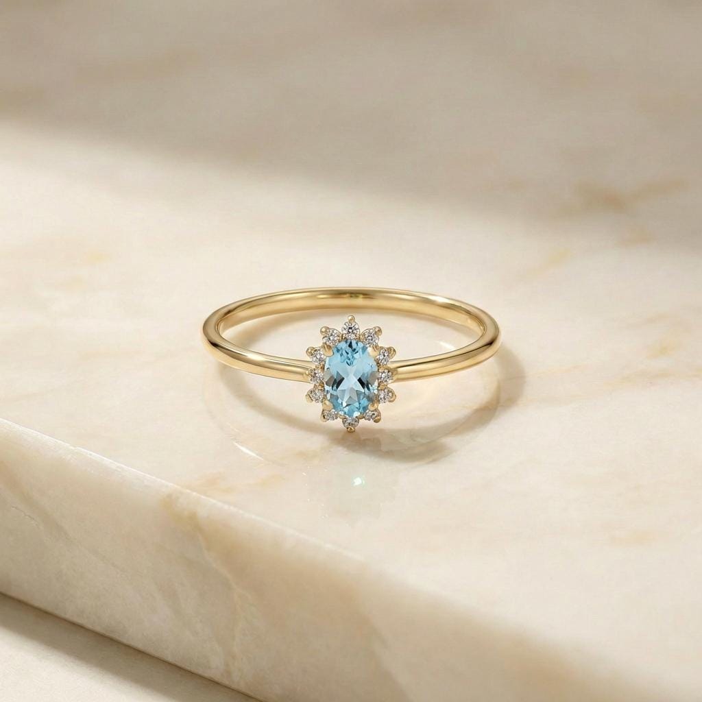 Oval Aquamarine CZ Halo Ring, 14K Solid Gold Aquamarine Solitaire Ring, March Birthstone Ring, Push Present