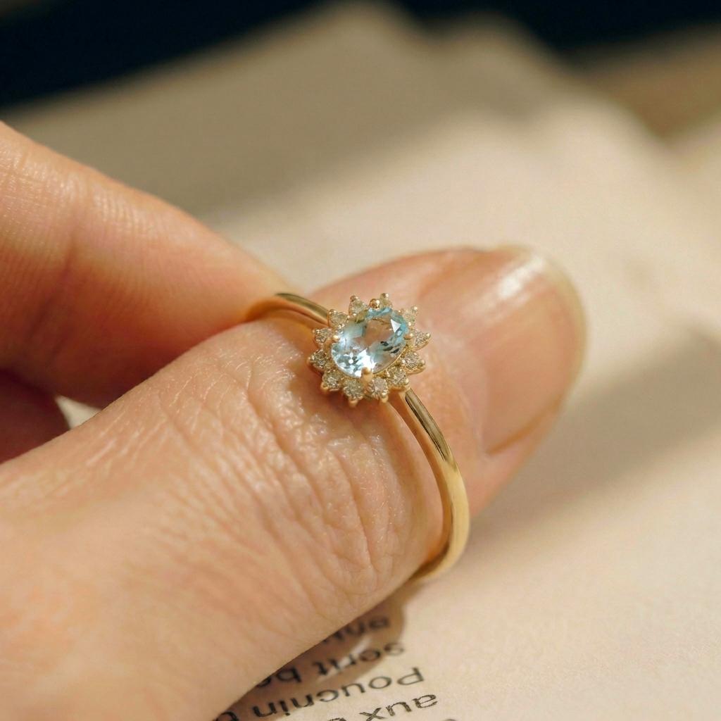 Oval Aquamarine CZ Halo Ring, 14K Solid Gold Aquamarine Solitaire Ring, March Birthstone Ring, Push Present