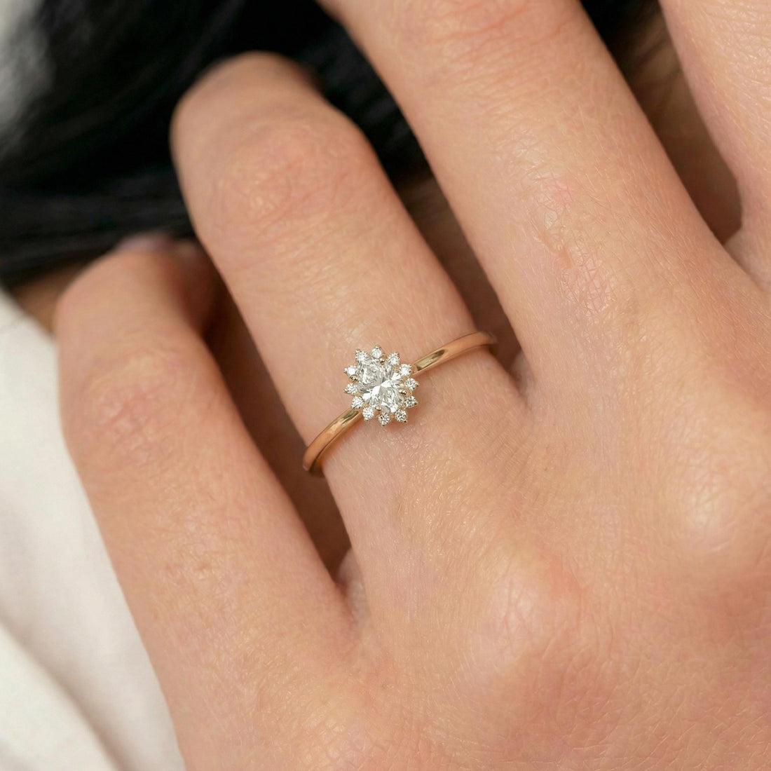 Oval Simulated Diamond Halo Ring, 14K Solid Gold Simulated Diamond Solitaire Ring, April Birthstone Ring