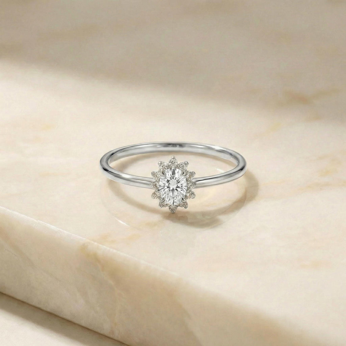 Oval Simulated Diamond Halo Ring, 14K Solid Gold Simulated Diamond Solitaire Ring, April Birthstone Ring