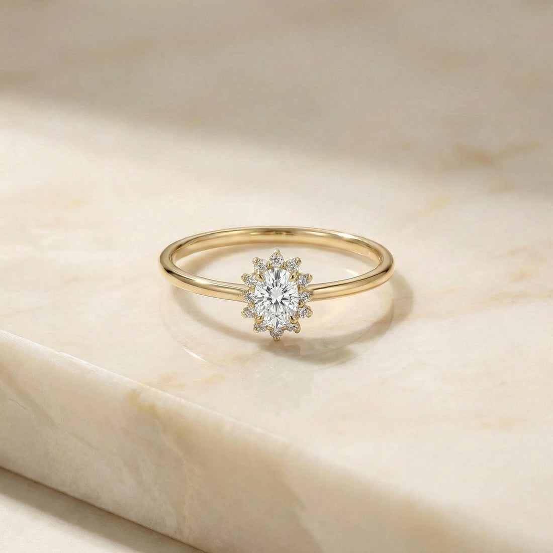 Oval Simulated Diamond Halo Ring, 14K Solid Gold Simulated Diamond Solitaire Ring, April Birthstone Ring