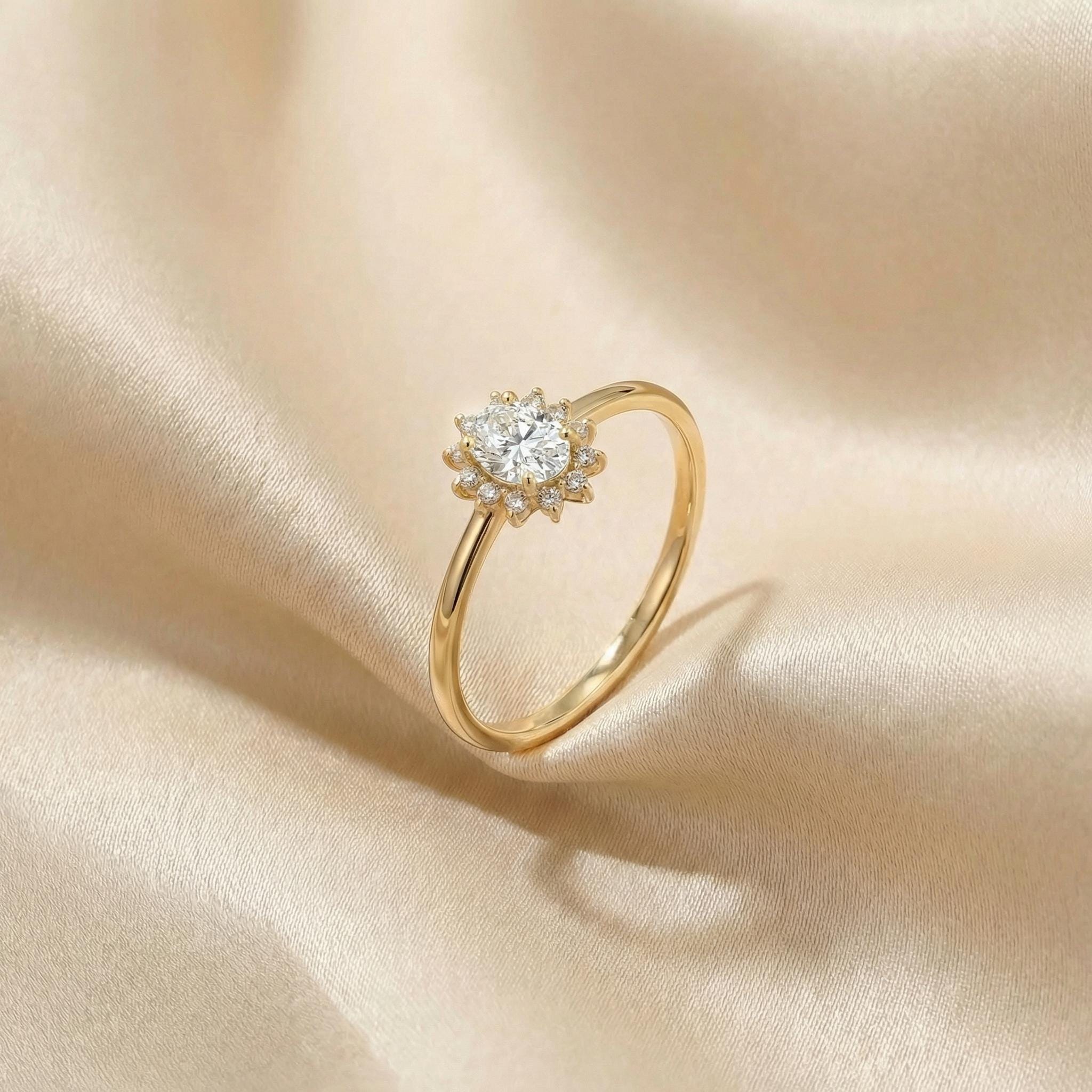 Oval Simulated Diamond Halo Ring, 14K Solid Gold Simulated Diamond Solitaire Ring, April Birthstone Ring