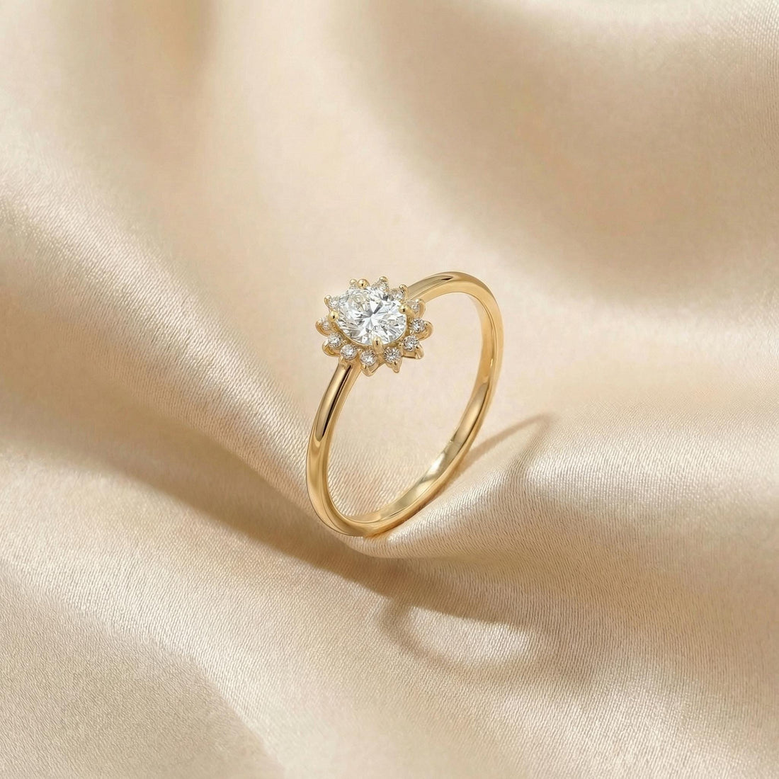 Oval Simulated Diamond Halo Ring, 14K Solid Gold Simulated Diamond Solitaire Ring, April Birthstone Ring