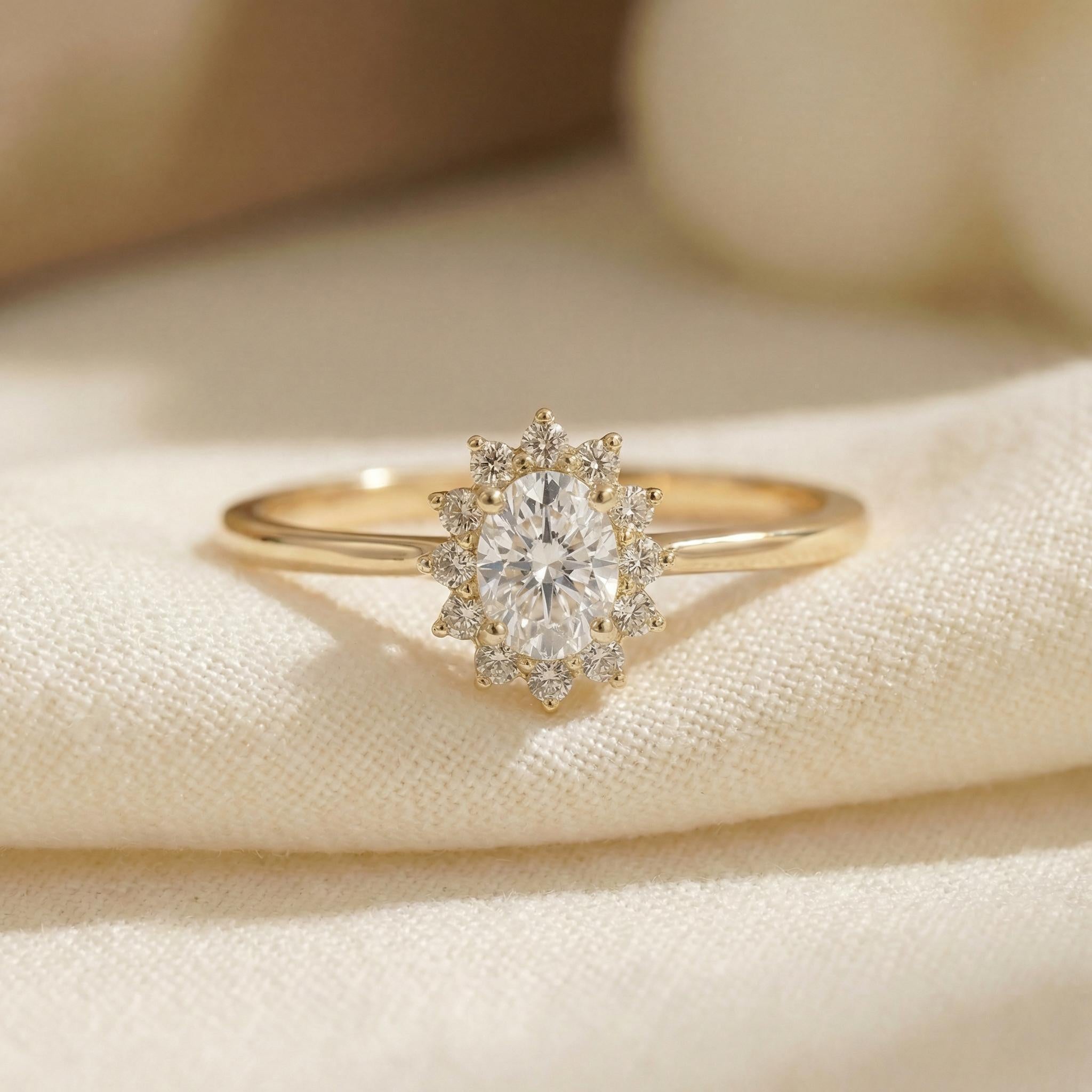 Oval Moissanite Halo Ring, 14K Solid Gold Moissanite Solitaire Ring, April Birthstone Ring, Dainty Gold Engagement Ring, Minimalist Promise
