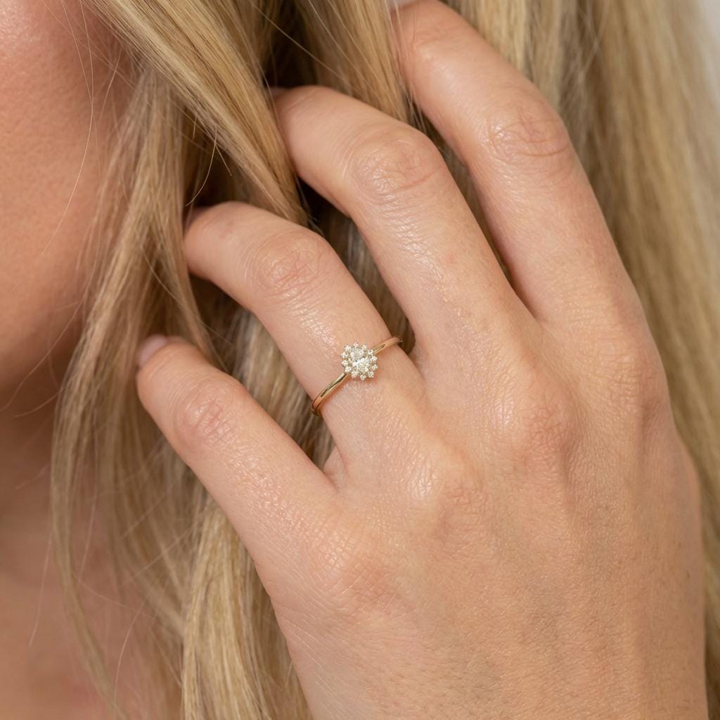 Oval Moissanite Halo Ring, 14K Solid Gold Moissanite Solitaire Ring, April Birthstone Ring, Dainty Gold Engagement Ring, Minimalist Promise