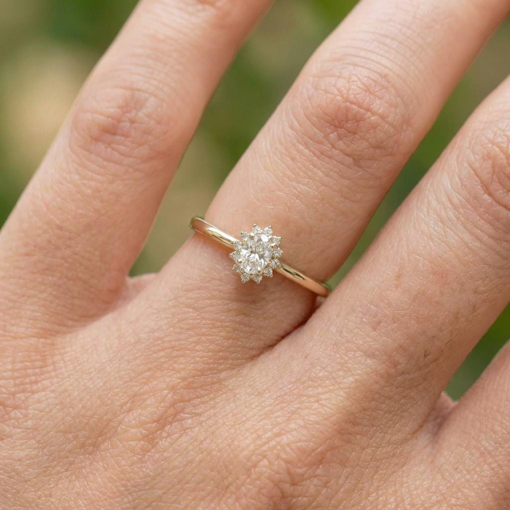 Oval Moissanite Halo Ring, 14K Solid Gold Moissanite Solitaire Ring, April Birthstone Ring, Dainty Gold Engagement Ring, Minimalist Promise
