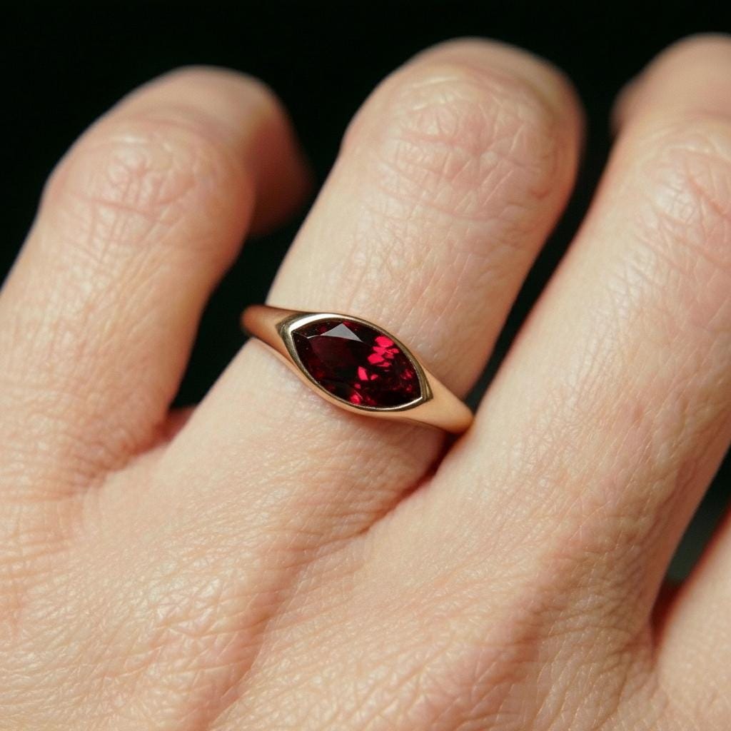 1.5ct Marquise Bezel Garnet Ring, 14K Solid Gold Signet Engagement Ring, Minimalist Pinky Promise Gift, January Birthstone Ring