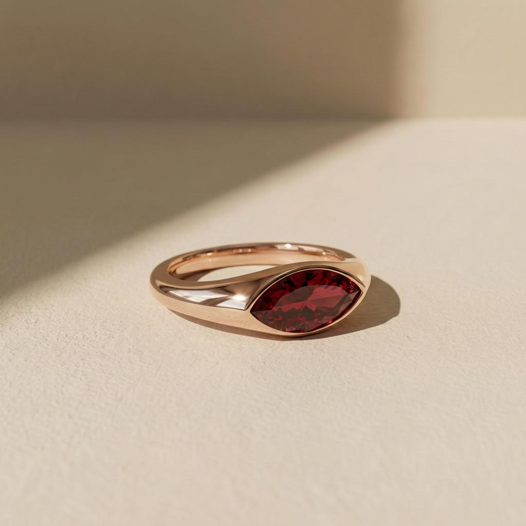1.5ct Marquise Bezel Garnet Ring, 14K Solid Gold Signet Engagement Ring, Minimalist Pinky Promise Gift, January Birthstone Ring