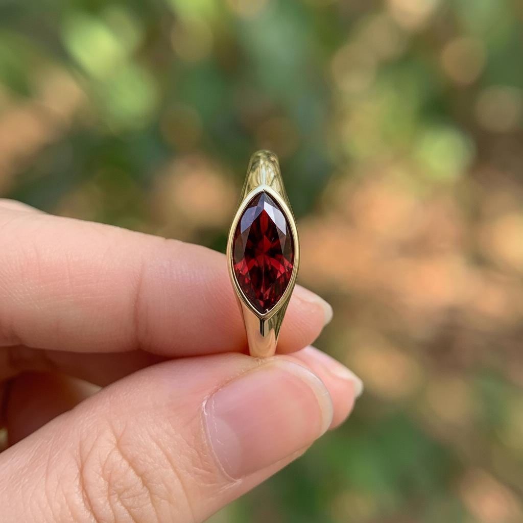 1.5ct Marquise Bezel Garnet Ring, 14K Solid Gold Signet Engagement Ring, Minimalist Pinky Promise Gift, January Birthstone Ring
