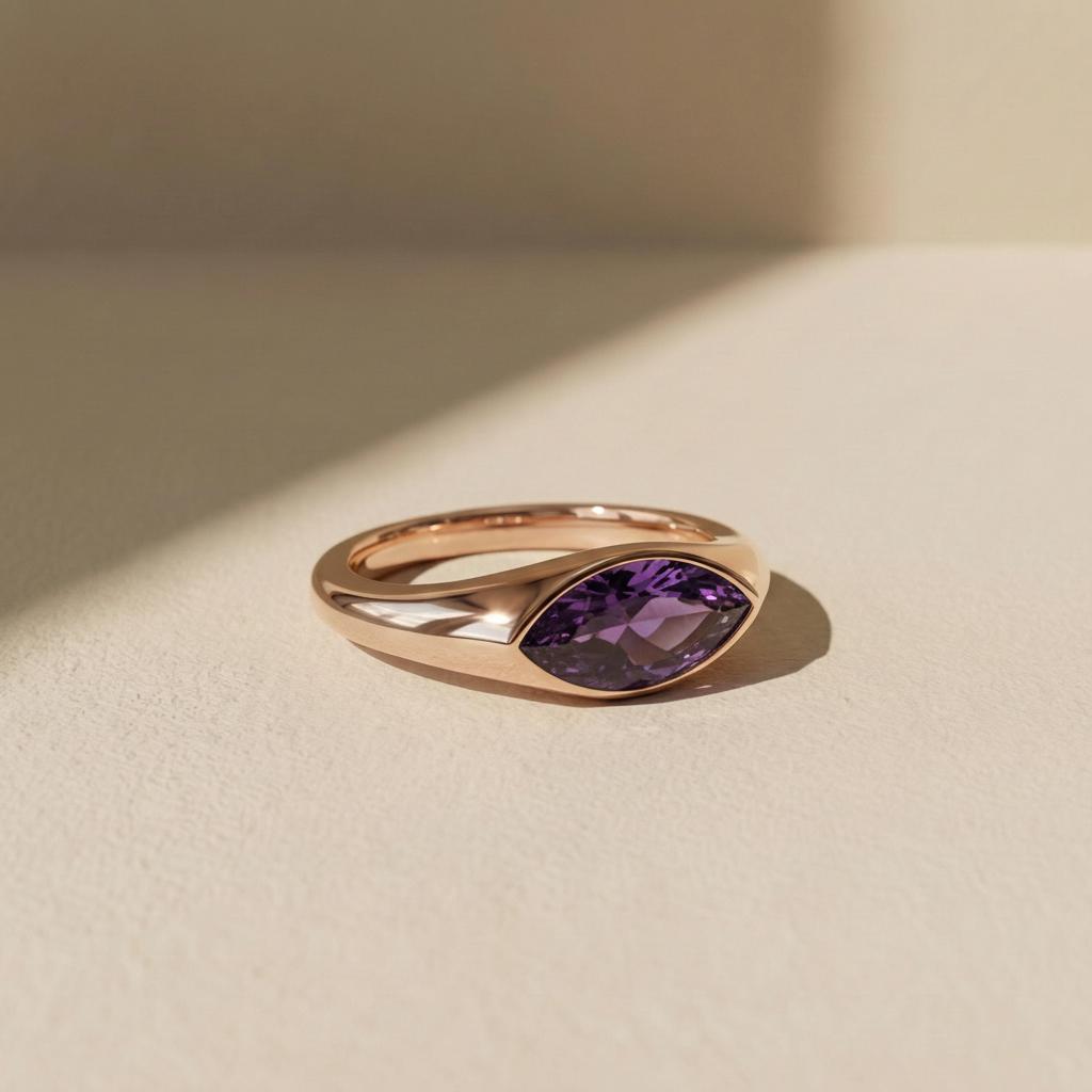 1.5ct Marquise Bezel Amethyst Ring, 14K Solid Gold Signet Engagement Ring, Minimalist Pinky Promise Gift, February Birthstone Ring