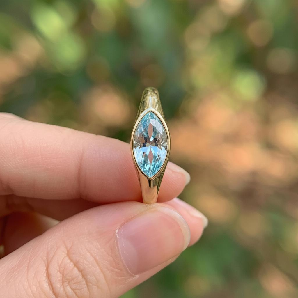 1.5ct Marquise Bezel Aquamarine Ring, 14K Solid Gold Signet Engagement Ring, Minimalist Pinky Promise Gift, March Birthstone Ring