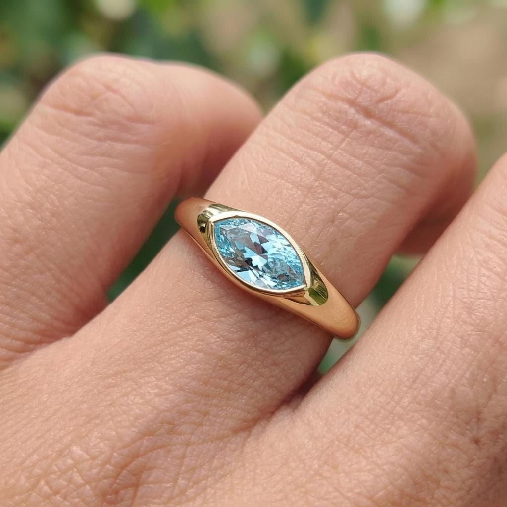 1.5ct Marquise Bezel Aquamarine Ring, 14K Solid Gold Signet Engagement Ring, Minimalist Pinky Promise Gift, March Birthstone Ring