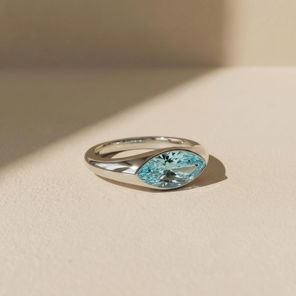 1.5ct Marquise Bezel Aquamarine Ring, 14K Solid Gold Signet Engagement Ring, Minimalist Pinky Promise Gift, March Birthstone Ring