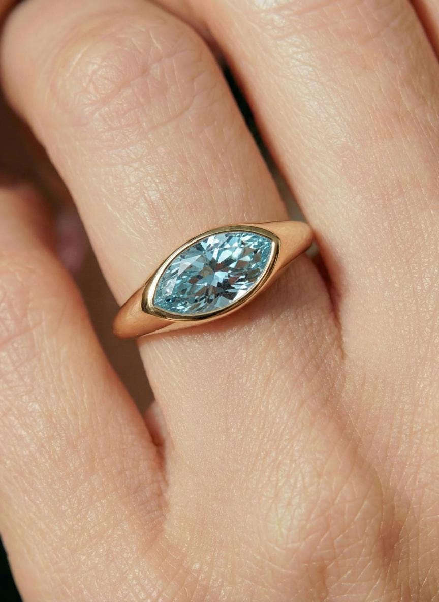 1.5ct Marquise Bezel Aquamarine Ring, 14K Solid Gold Signet Engagement Ring, Minimalist Pinky Promise Gift, March Birthstone Ring