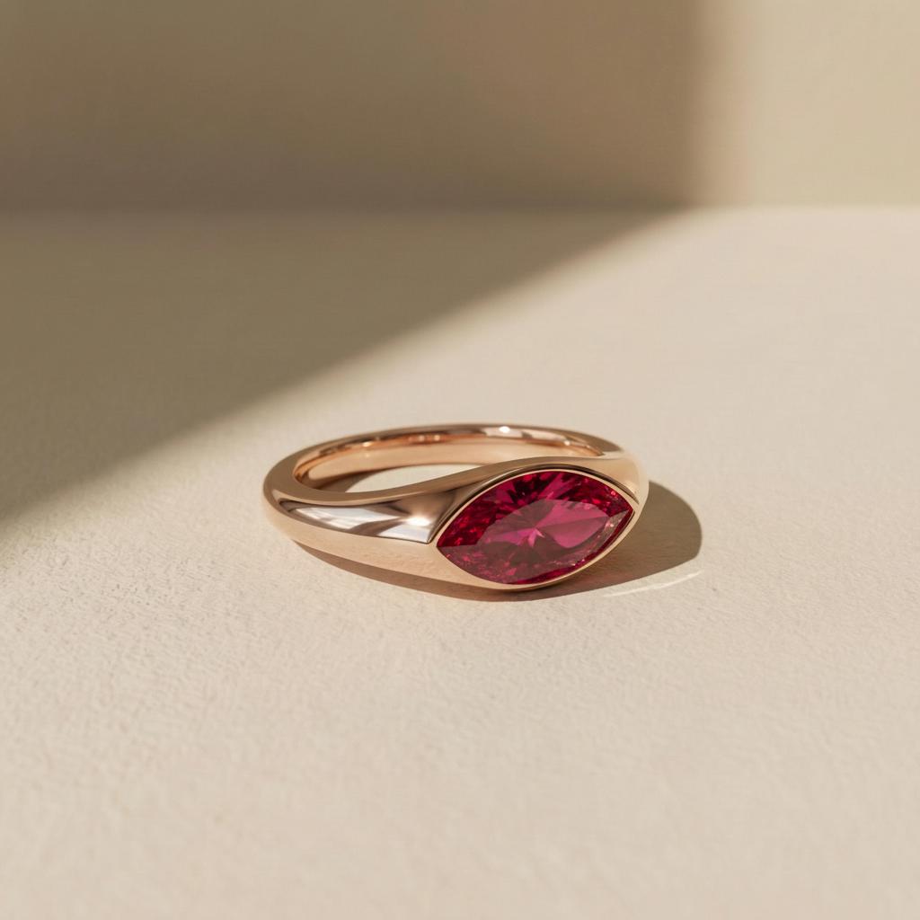 1.5ct Marquise Bezel Ruby Ring, 14K Solid Gold Signet Engagement Ring, Minimalist Pinky Promise Gift, July Birthstone Ring