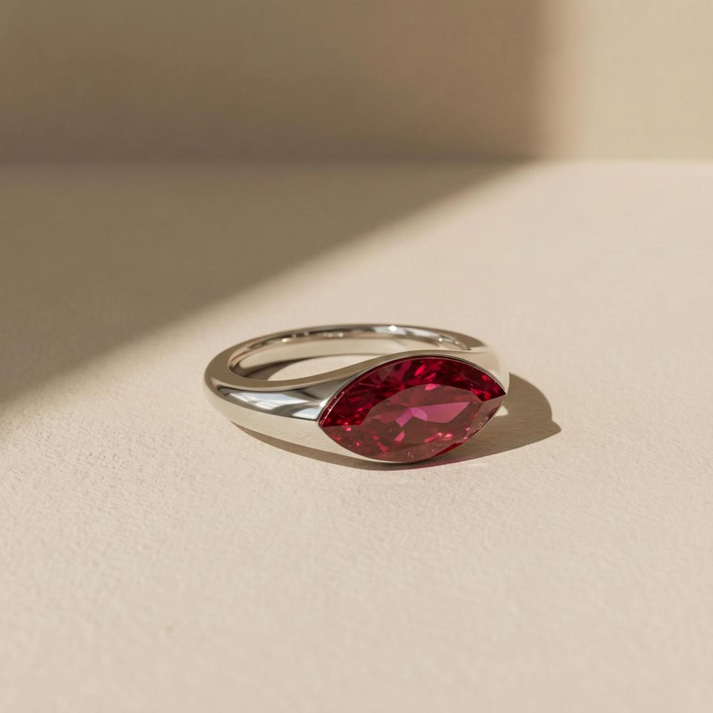 1.5ct Marquise Bezel Ruby Ring, 14K Solid Gold Signet Engagement Ring, Minimalist Pinky Promise Gift, July Birthstone Ring