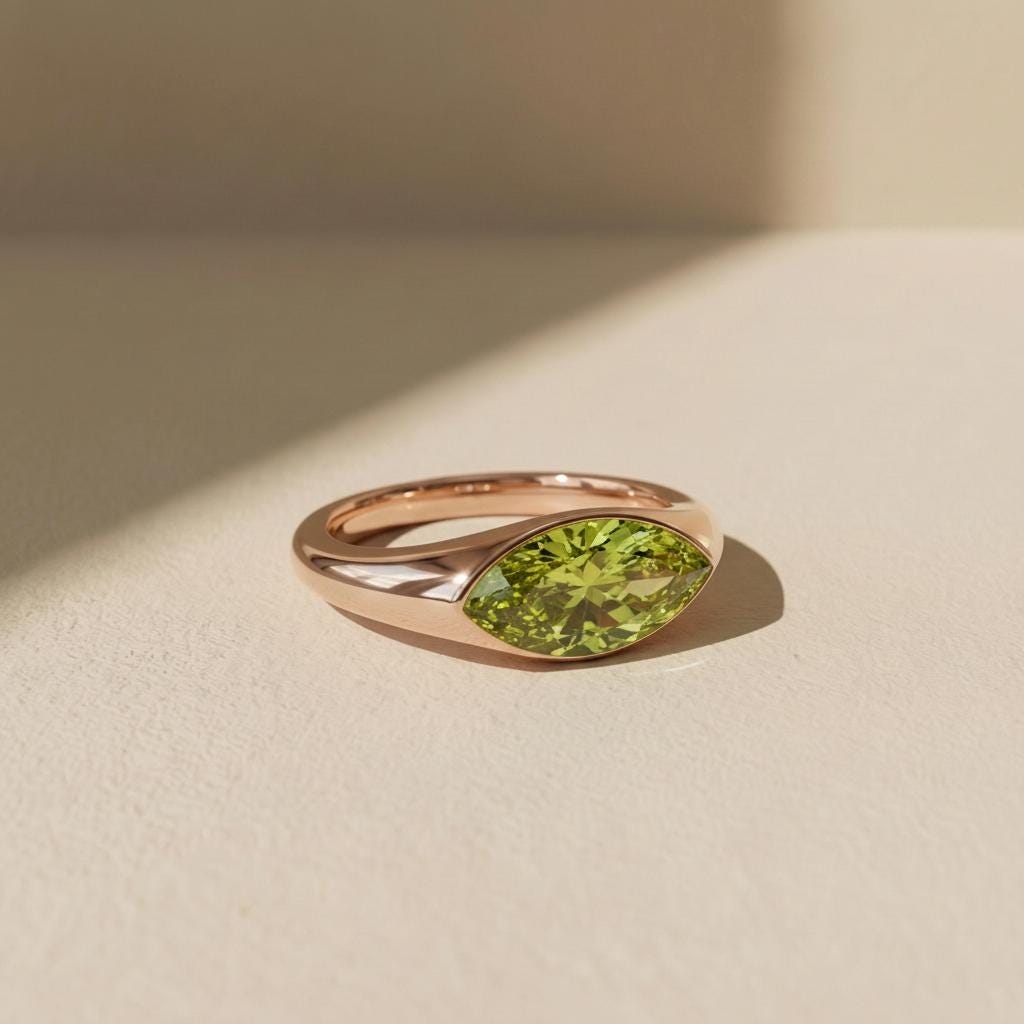 1.5ct Marquise Bezel Peridot Ring, 14K Solid Gold Signet Engagement Ring, Minimalist Pinky Promise Gift, August Birthstone Ring