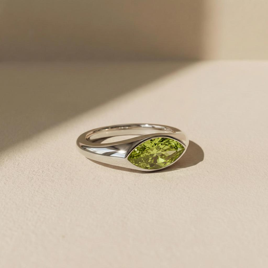 1.5ct Marquise Bezel Peridot Ring, 14K Solid Gold Signet Engagement Ring, Minimalist Pinky Promise Gift, August Birthstone Ring