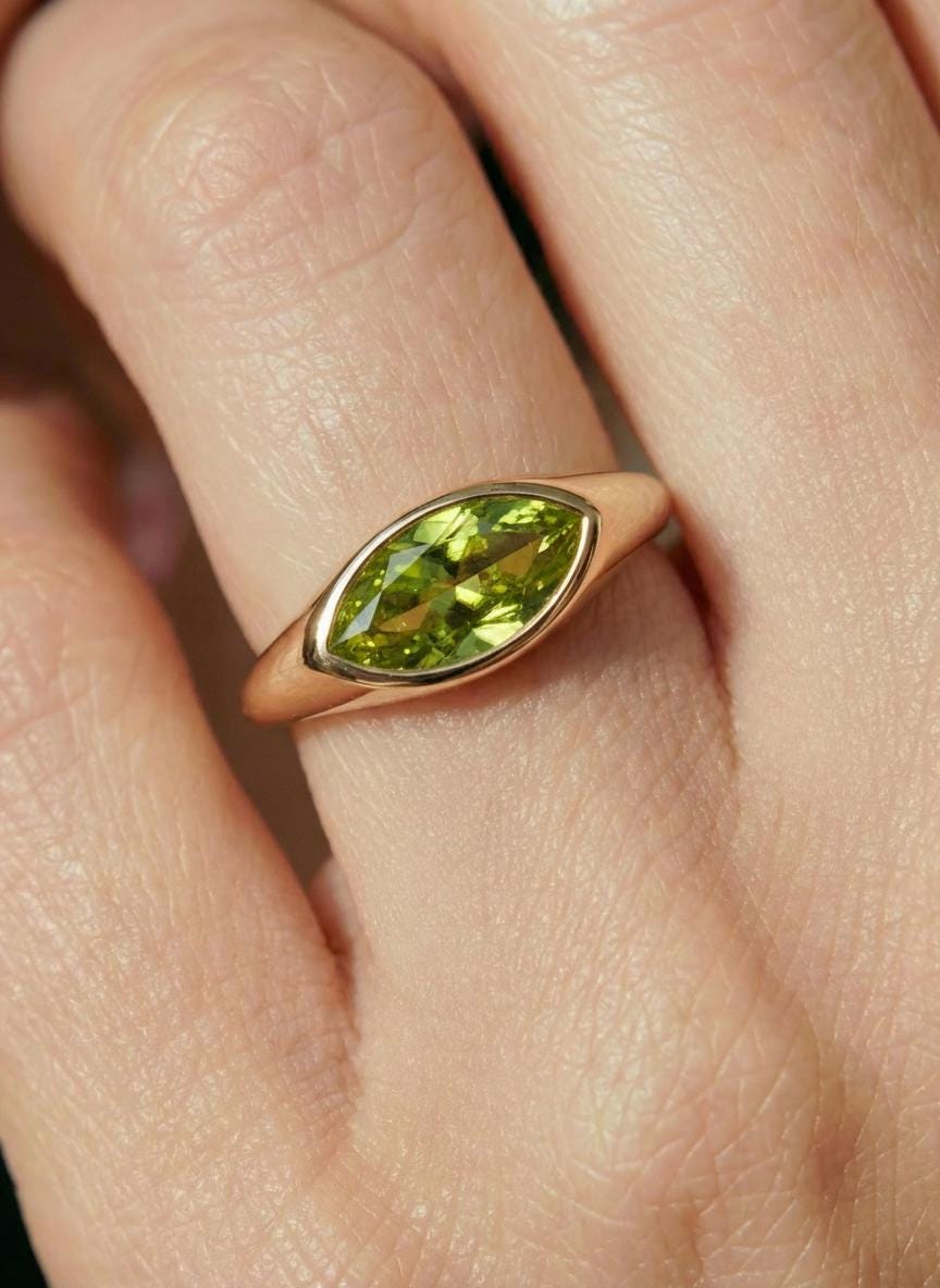1.5ct Marquise Bezel Peridot Ring, 14K Solid Gold Signet Engagement Ring, Minimalist Pinky Promise Gift, August Birthstone Ring