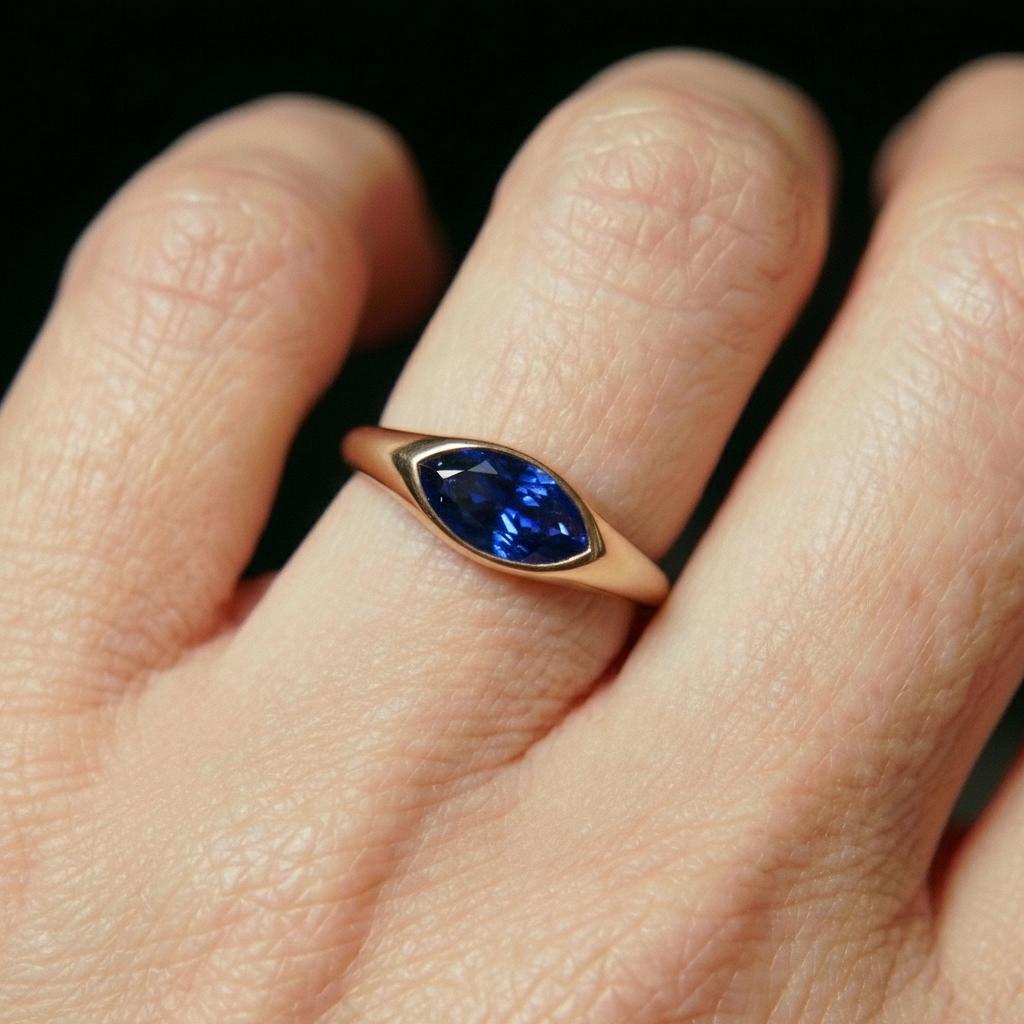 1.5ct Marquise Bezel Blue Sapphire Ring, 14K Solid Gold Signet Engagement Ring, Minimalist Pinky Promise Gift, September Birthstone Ring