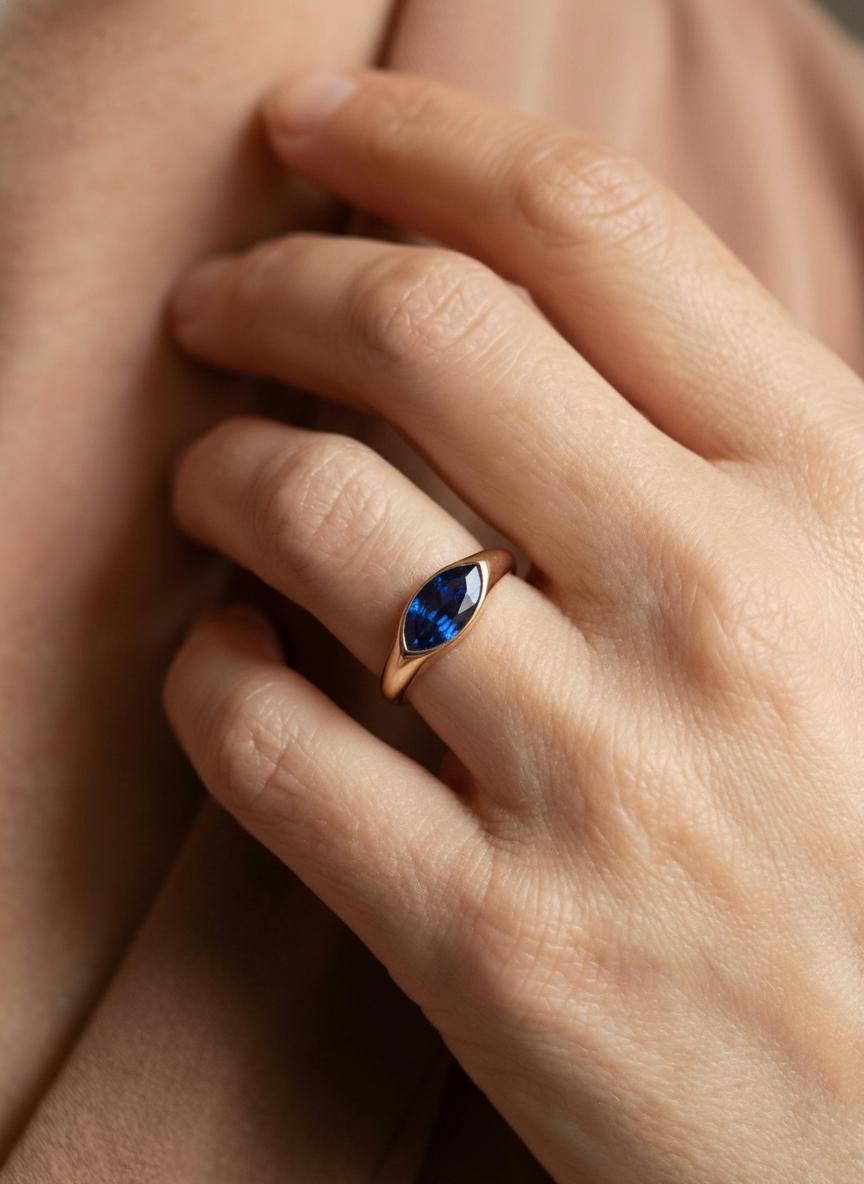 1.5ct Marquise Bezel Blue Sapphire Ring, 14K Solid Gold Signet Engagement Ring, Minimalist Pinky Promise Gift, September Birthstone Ring