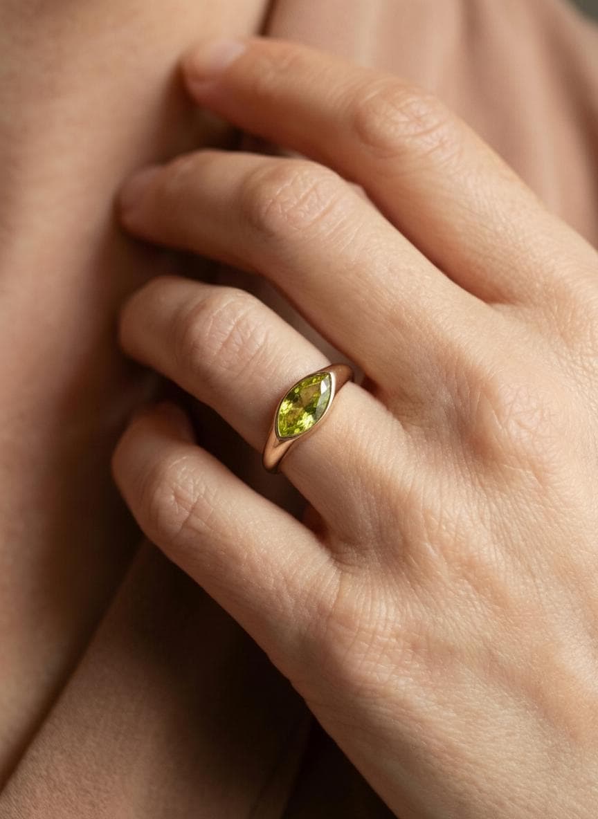 1.5ct Marquise Bezel Peridot Ring, 14K Solid Gold Signet Engagement Ring, Minimalist Pinky Promise Gift, August Birthstone Ring