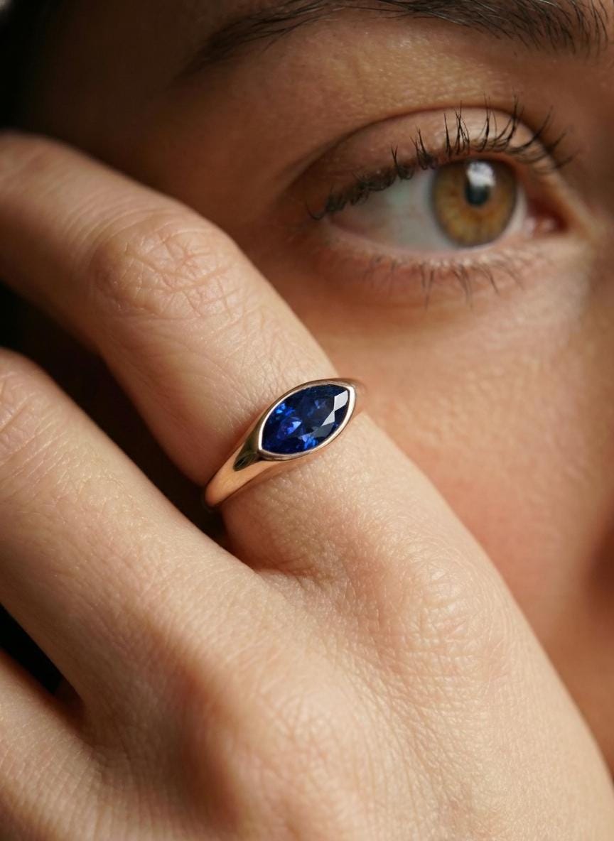 1.5ct Marquise Bezel Blue Sapphire Ring, 14K Solid Gold Signet Engagement Ring, Minimalist Pinky Promise Gift, September Birthstone Ring