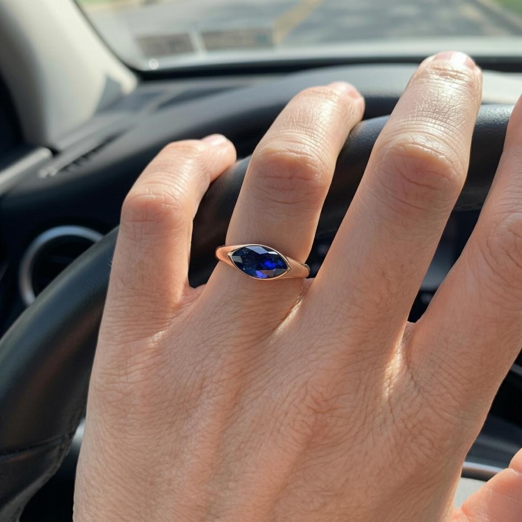 1.5ct Marquise Bezel Blue Sapphire Ring, 14K Solid Gold Signet Engagement Ring, Minimalist Pinky Promise Gift, September Birthstone Ring