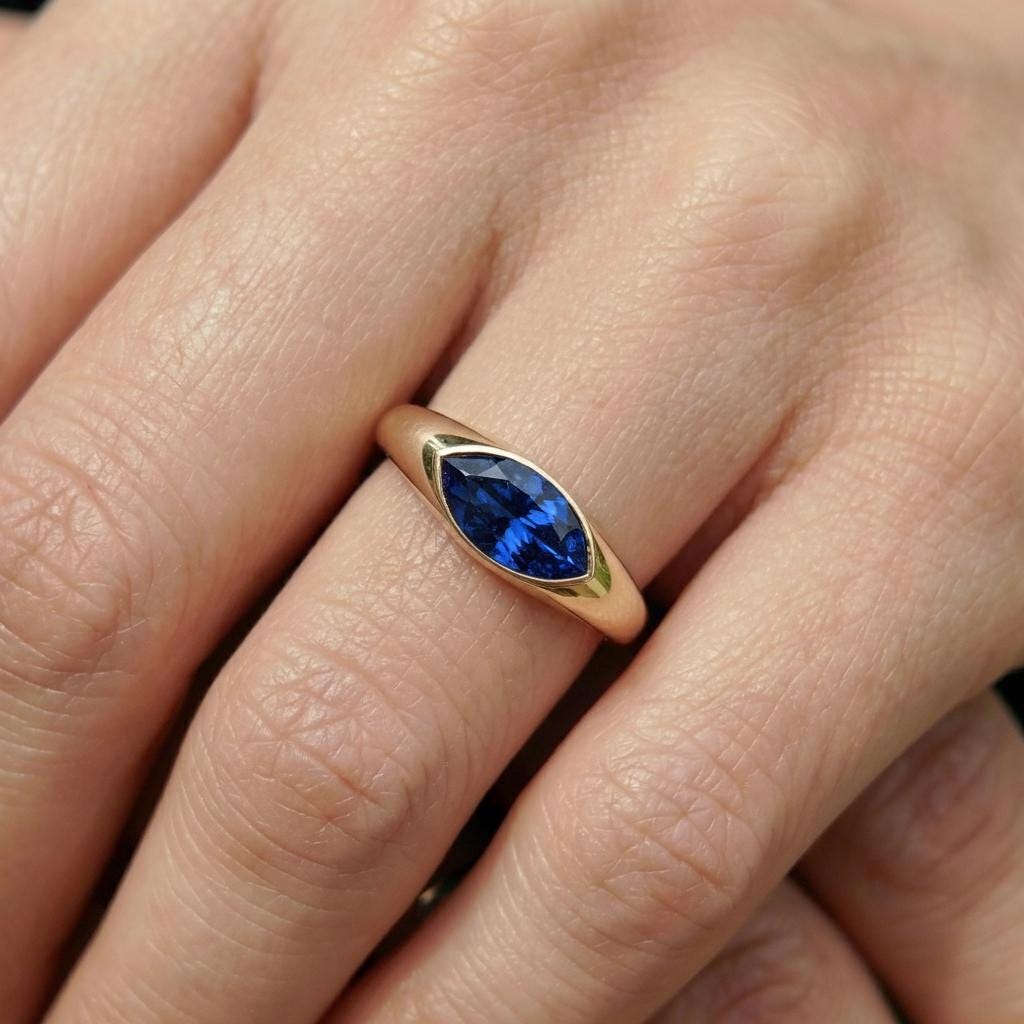 1.5ct Marquise Bezel Blue Sapphire Ring, 14K Solid Gold Signet Engagement Ring, Minimalist Pinky Promise Gift, September Birthstone Ring