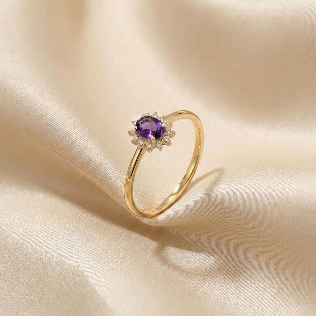 Oval Amethyst Halo Ring, 14K Solid Gold Amethyst Solitaire Ring, February Birthstone Ring, Dainty Gold Engagement Ring