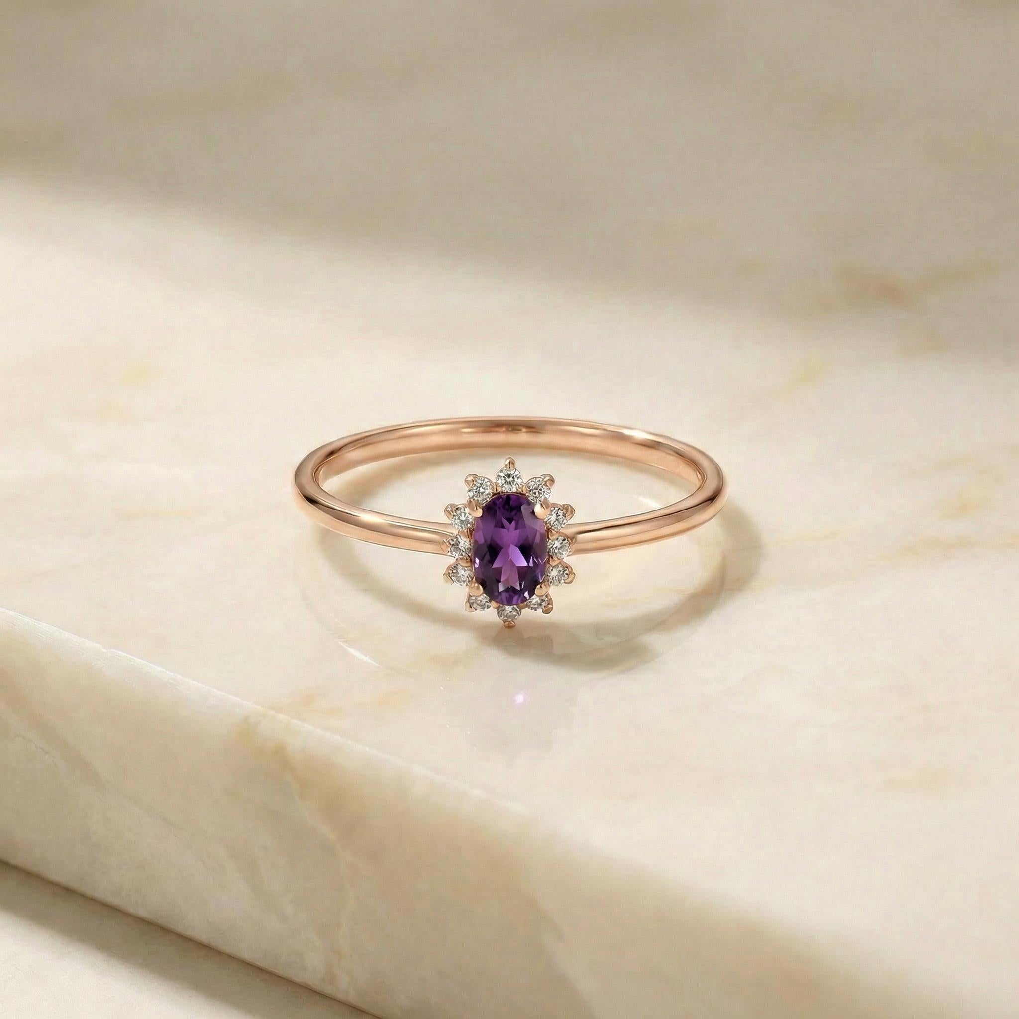 Oval Amethyst Halo Ring, 14K Solid Gold Amethyst Solitaire Ring, February Birthstone Ring, Dainty Gold Engagement Ring