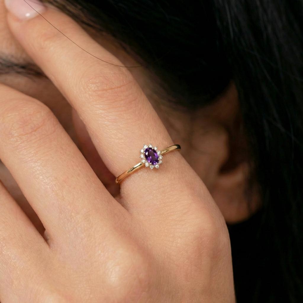 Oval Amethyst Halo Ring, 14K Solid Gold Amethyst Solitaire Ring, February Birthstone Ring, Dainty Gold Engagement Ring