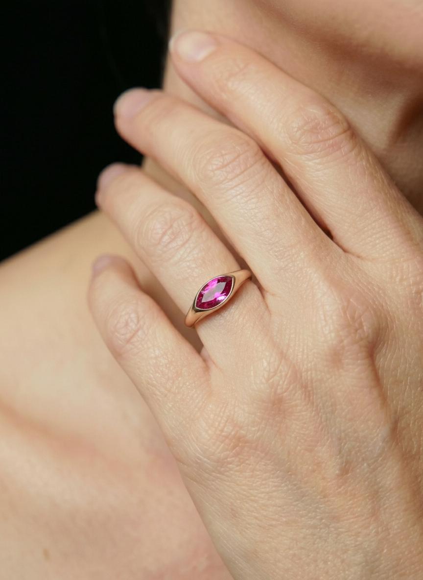 1.5ct Marquise Bezel Pink Tourmaline Ring, 14K Solid Gold Signet Engagement Ring, Minimalist Pinky Promise Gift, October Birthstone Ring