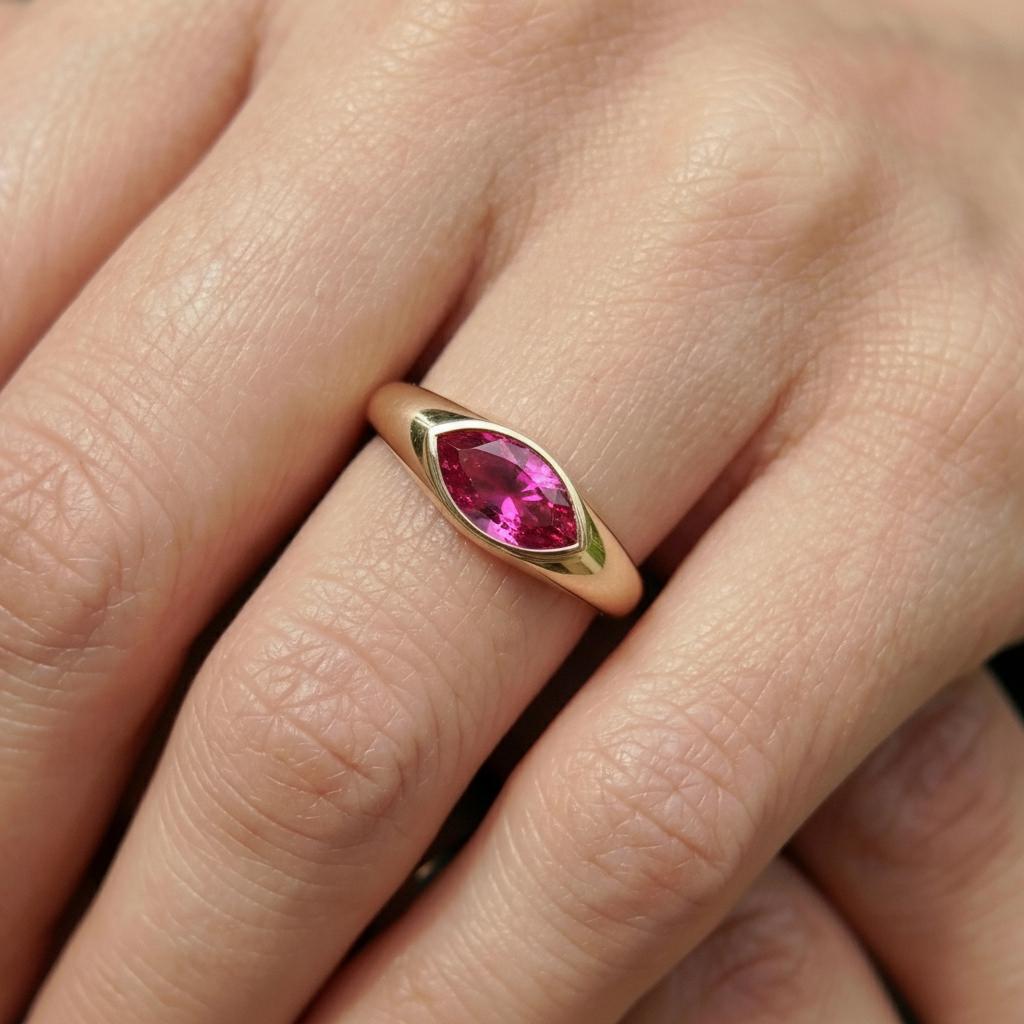 1.5ct Marquise Bezel Pink Tourmaline Ring, 14K Solid Gold Signet Engagement Ring, Minimalist Pinky Promise Gift, October Birthstone Ring