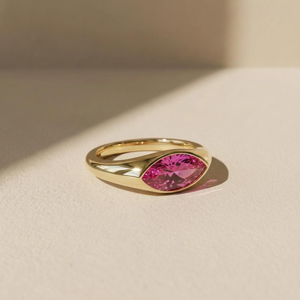 1.5ct Marquise Bezel Pink Tourmaline Ring, 14K Solid Gold Signet Engagement Ring, Minimalist Pinky Promise Gift, October Birthstone Ring