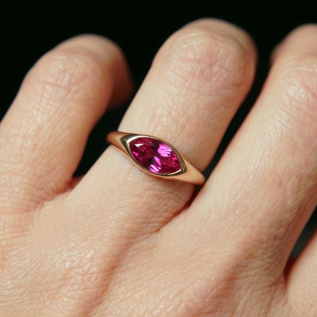1.5ct Marquise Bezel Pink Tourmaline Ring, 14K Solid Gold Signet Engagement Ring, Minimalist Pinky Promise Gift, October Birthstone Ring