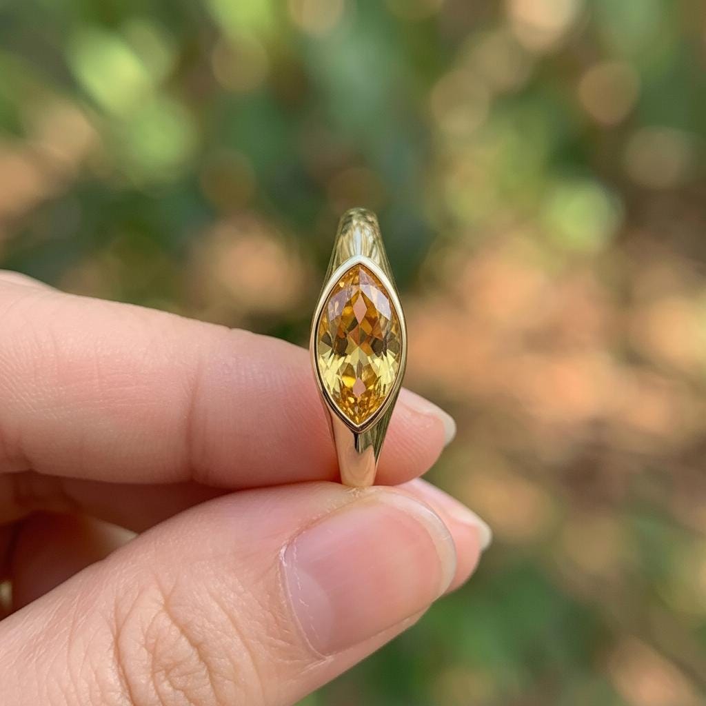 1.5ct Marquise Bezel Citrine Ring, 14K Solid Gold Signet Engagement Ring, Minimalist Pinky Promise Gift, November Birthstone Ring