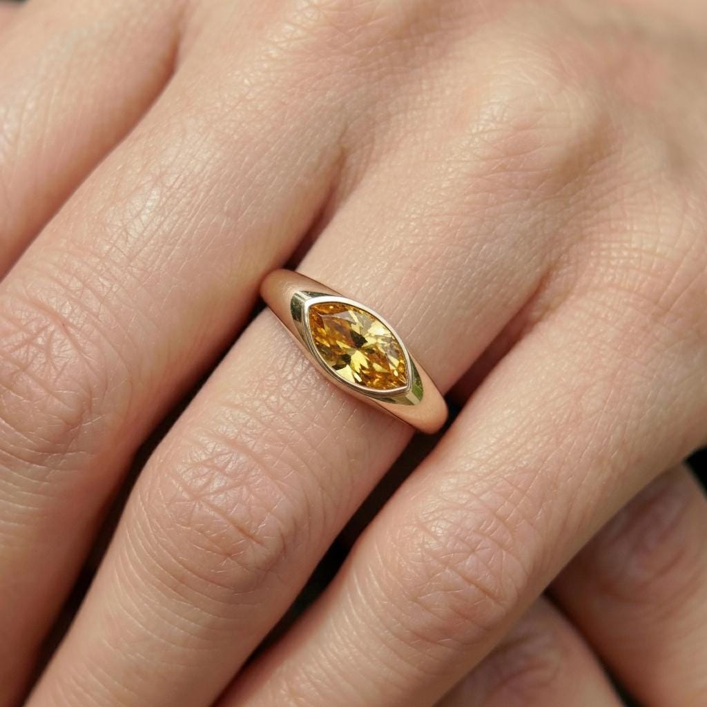 1.5ct Marquise Bezel Citrine Ring, 14K Solid Gold Signet Engagement Ring, Minimalist Pinky Promise Gift, November Birthstone Ring