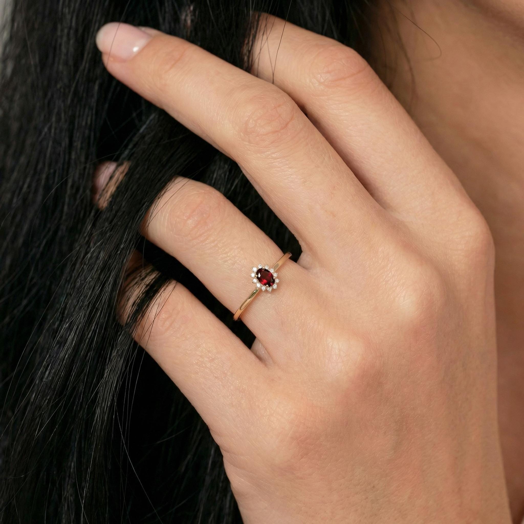 Oval Garnet Halo Ring, 14K Solid Gold Garnet Solitaire Ring, January Birthstone Ring, Dainty Gold Engagement Ring, Minimalist Promise Ring