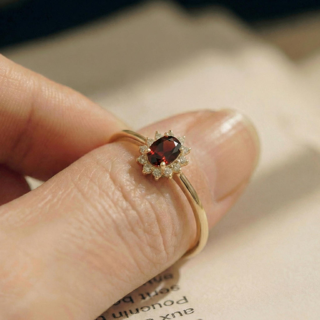 Oval Garnet Halo Ring, 14K Solid Gold Garnet Solitaire Ring, January Birthstone Ring, Dainty Gold Engagement Ring, Minimalist Promise Ring