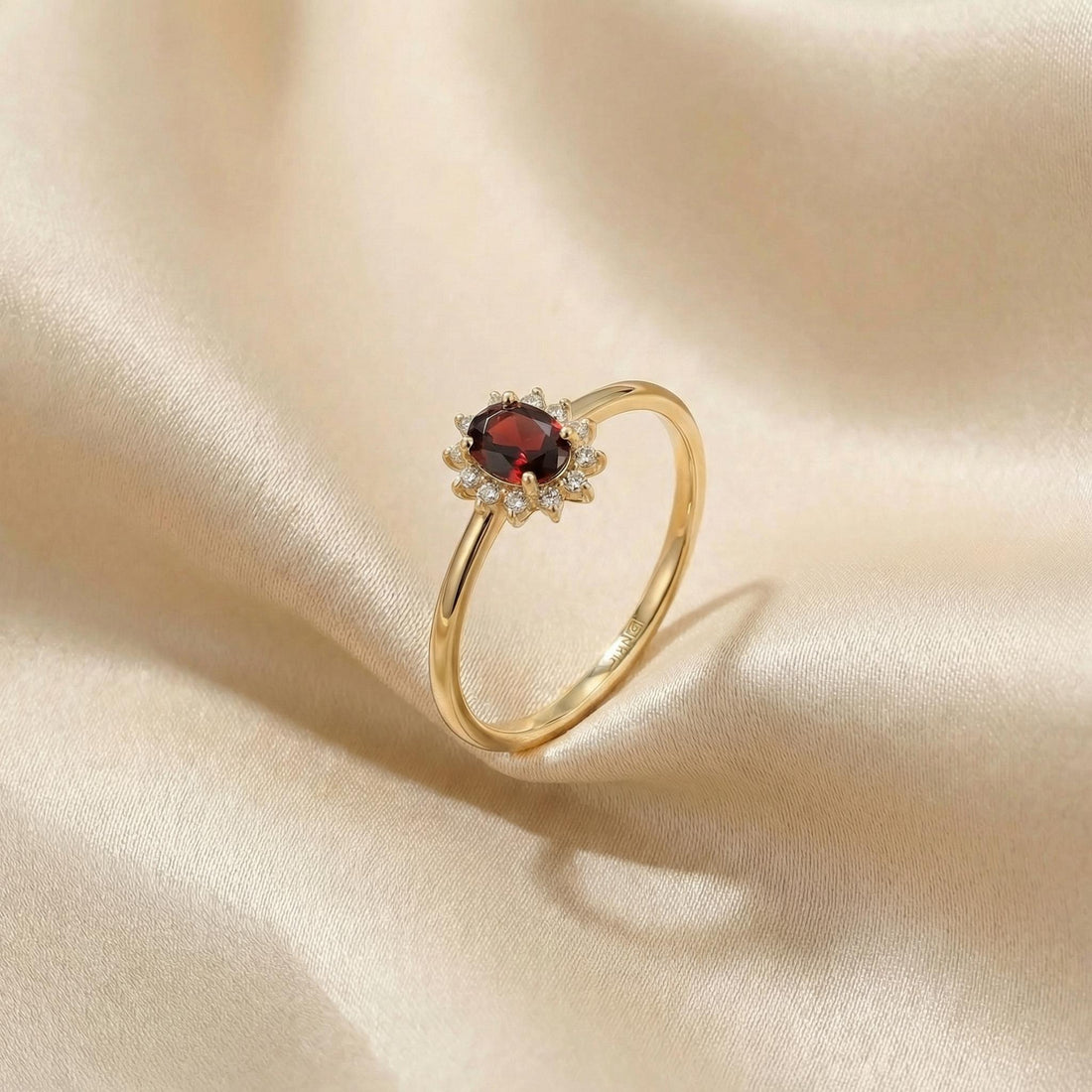 Oval Garnet Halo Ring, 14K Solid Gold Garnet Solitaire Ring, January Birthstone Ring, Dainty Gold Engagement Ring, Minimalist Promise Ring