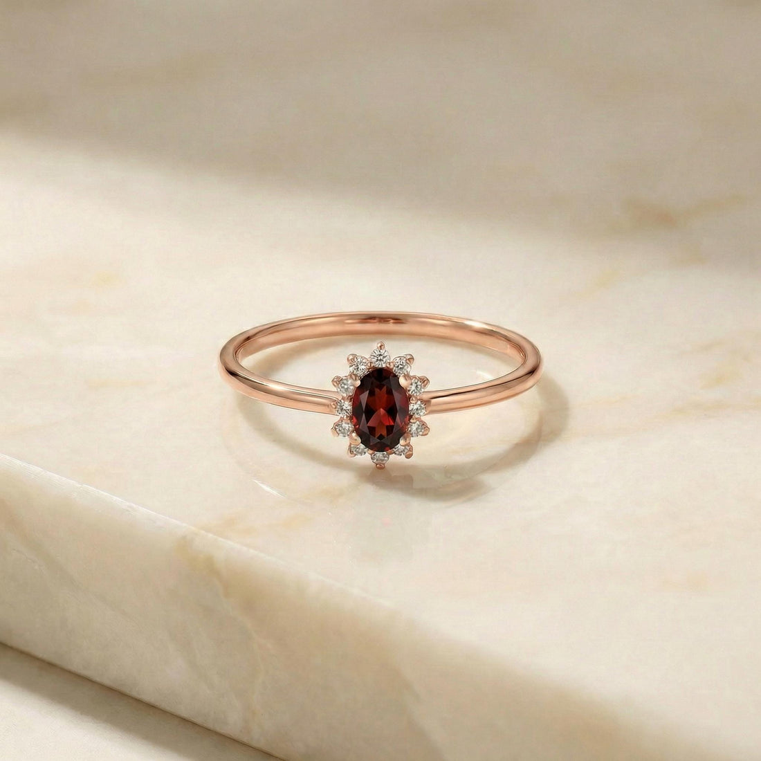 Oval Garnet Halo Ring, 14K Solid Gold Garnet Solitaire Ring, January Birthstone Ring, Dainty Gold Engagement Ring, Minimalist Promise Ring