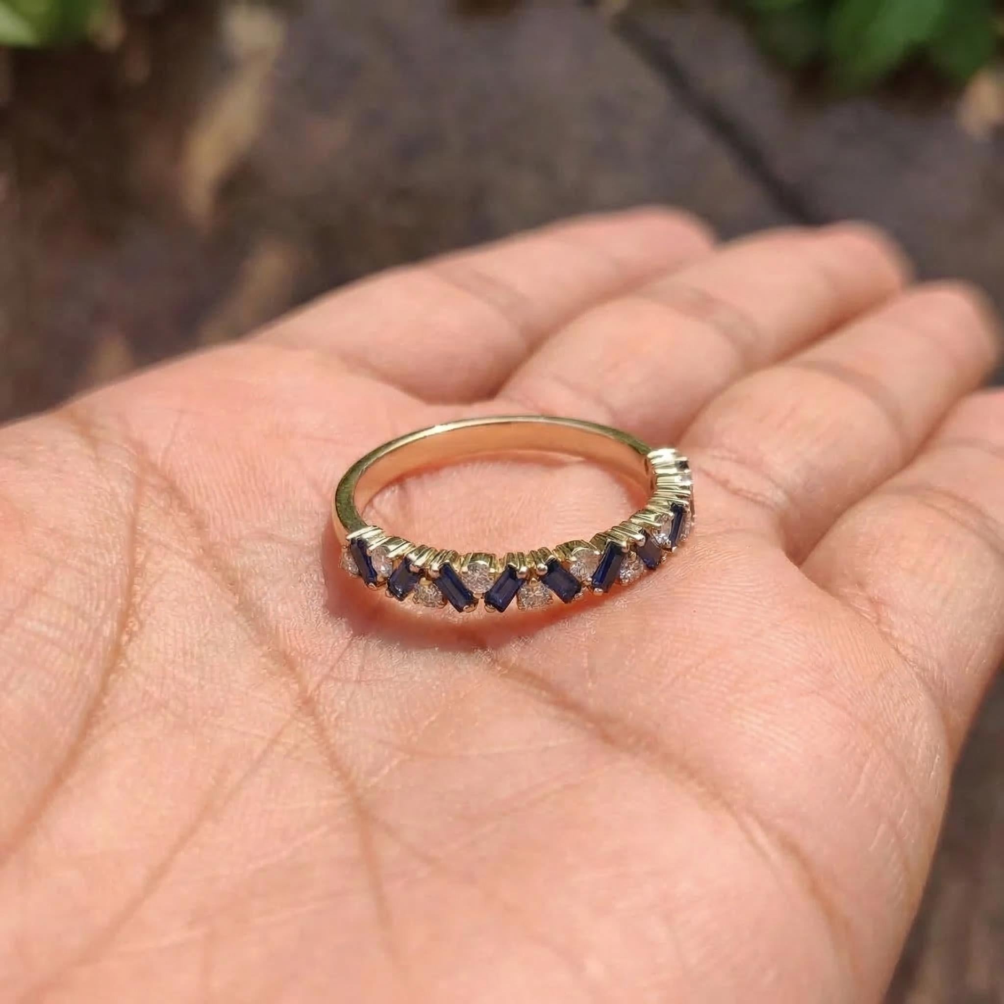 Unique Blue Sapphire Gold Wedding Band Moissanite Band Art Deco Matching Rings Gift For Her
