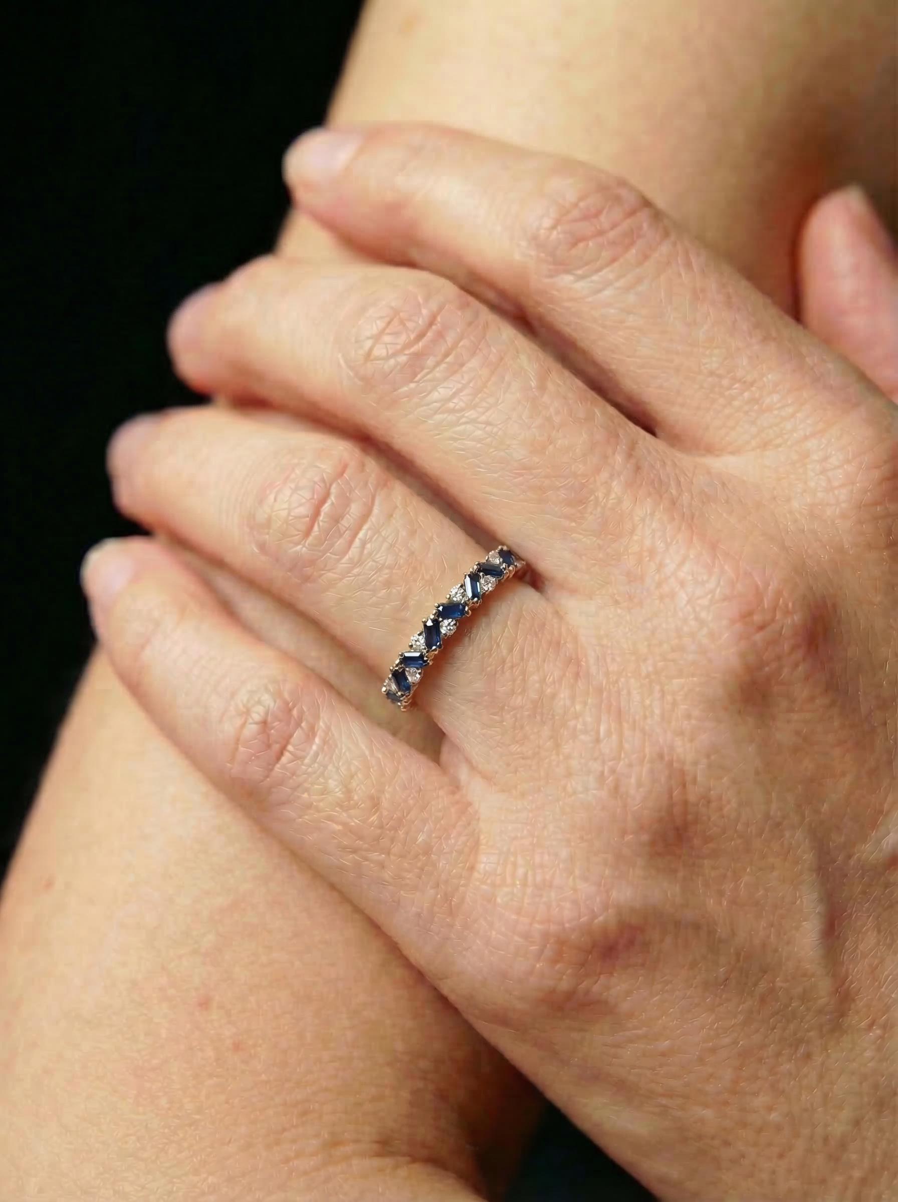 Unique Blue Sapphire Gold Wedding Band Moissanite Band Art Deco Matching Rings Gift For Her