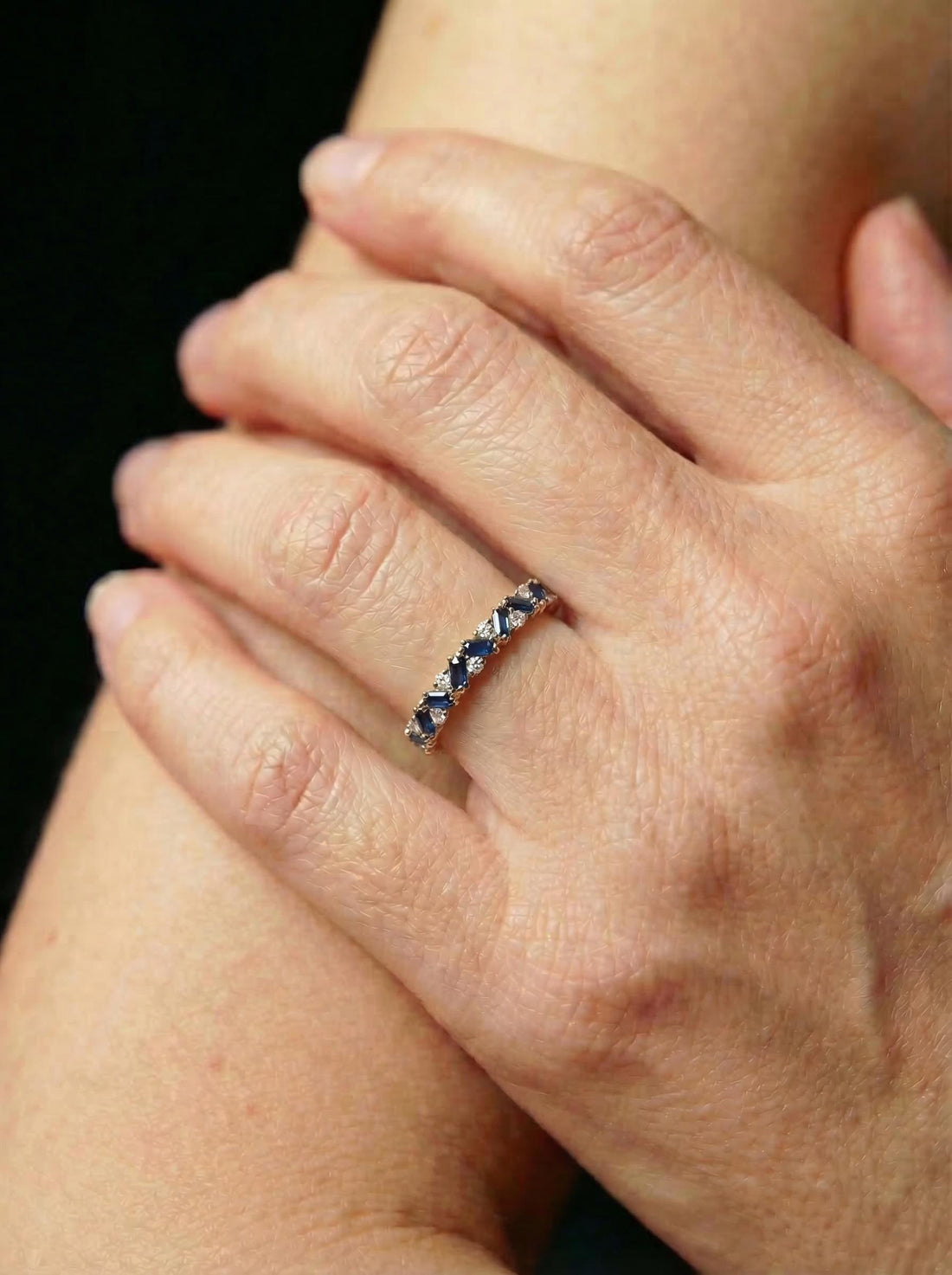 Unique Blue Sapphire Gold Wedding Band Moissanite Band Art Deco Matching Rings Gift For Her
