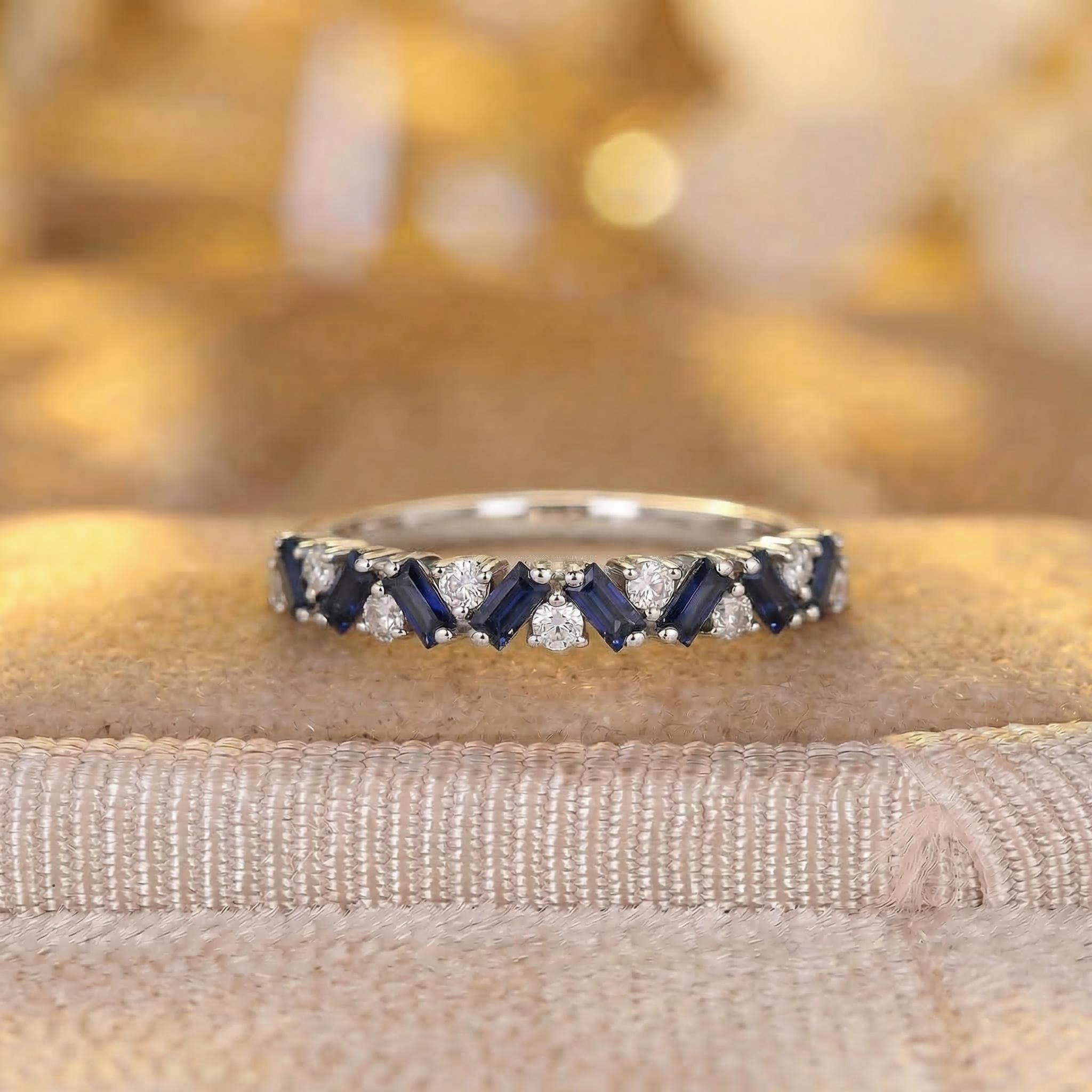 Unique Blue Sapphire Gold Wedding Band Moissanite Band Art Deco Matching Rings Gift For Her