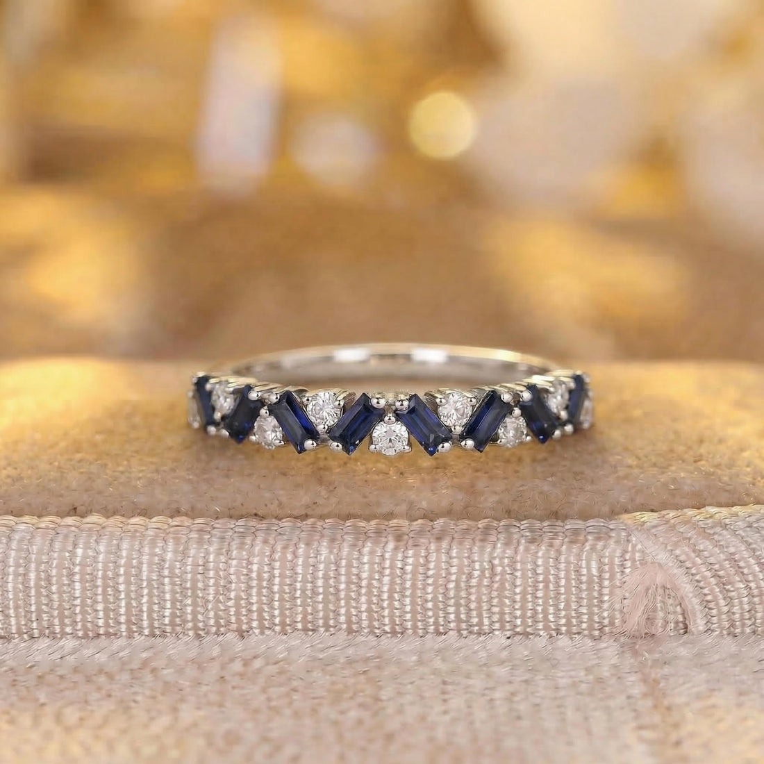 Unique Blue Sapphire Gold Wedding Band Moissanite Band Art Deco Matching Rings Gift For Her